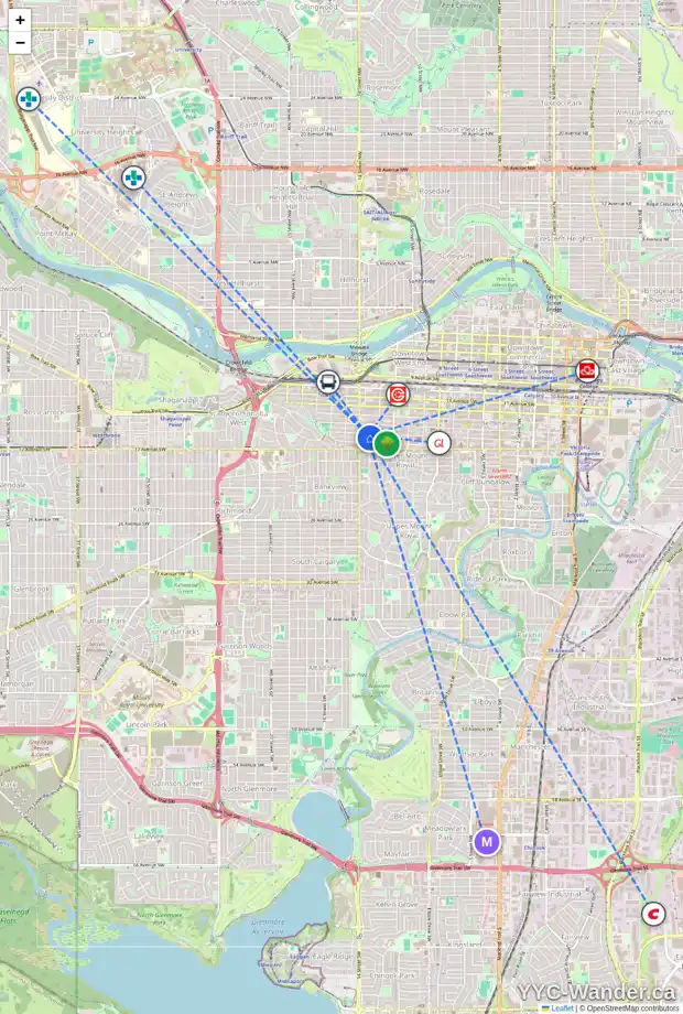 Daily accessibility map for 201 1331 15 AV SW, Calgary showing nearby schools, grocery stores, parks, LRT stations and nearby amenities