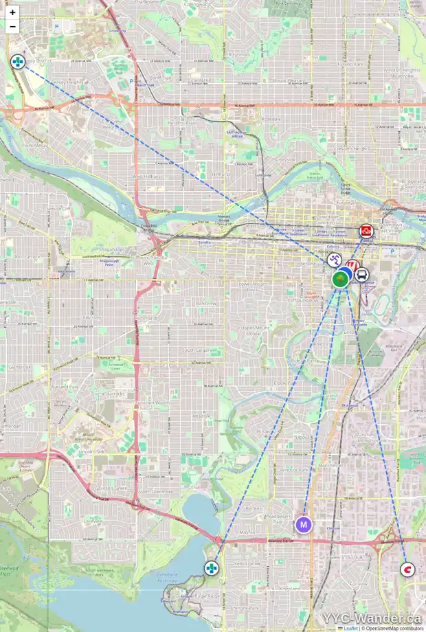 Daily accessibility map for 204 108 15 AV SE, Calgary showing nearby schools, grocery stores, parks, LRT stations and nearby amenities