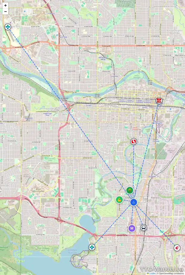 Daily accessibility map for 424 52 AV SW, Calgary showing nearby schools, grocery stores, parks, LRT stations and nearby amenities