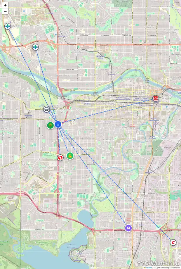 Daily accessibility map for 202 2005 24 ST SW, Calgary showing nearby schools, grocery stores, parks, LRT stations and nearby amenities