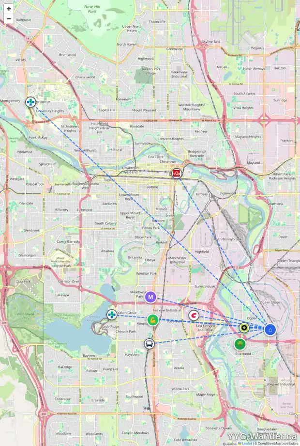 Daily accessibility map for 7622 OGDEN RD SE, Calgary showing nearby schools, grocery stores, parks, LRT stations and nearby amenities