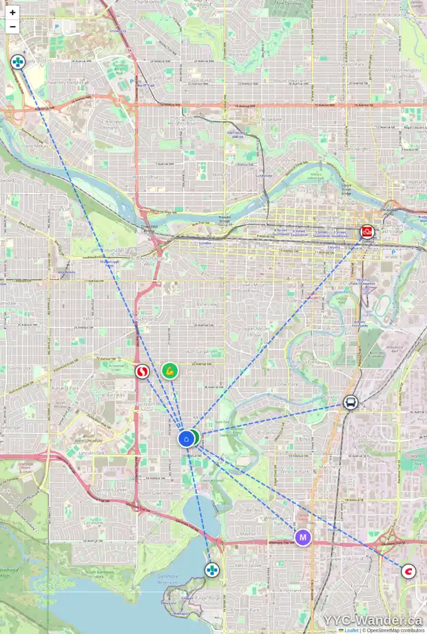 Daily accessibility map for 1932 47 AV SW, Calgary showing nearby schools, grocery stores, parks, LRT stations and nearby amenities