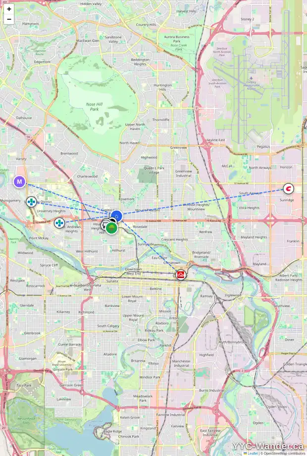 Daily accessibility map for 1602 18 AV NW, Calgary showing nearby schools, grocery stores, parks, LRT stations and nearby amenities