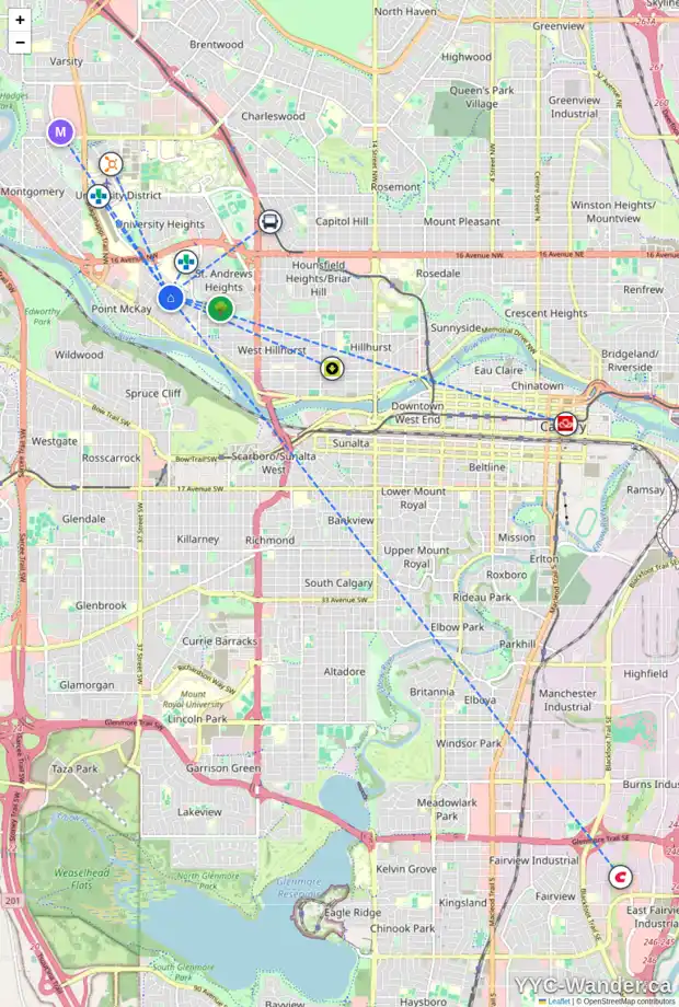 Daily accessibility map for 909 34A ST NW, Calgary showing nearby schools, grocery stores, parks, LRT stations and nearby amenities
