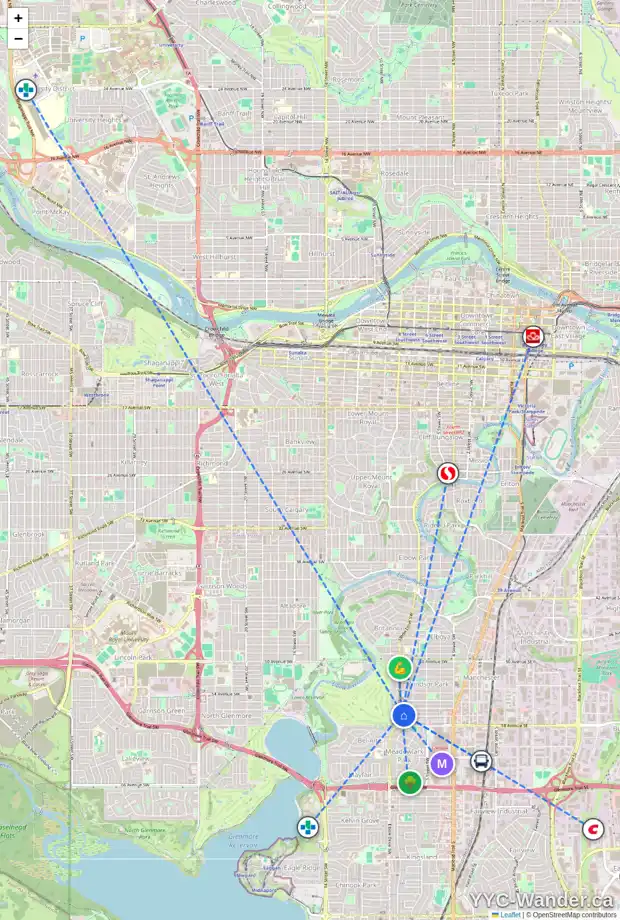 Daily accessibility map for 106 736 57 AV SW, Calgary showing nearby schools, grocery stores, parks, LRT stations and nearby amenities