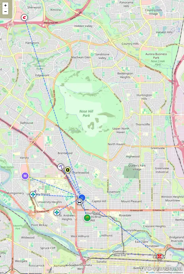Daily accessibility map for 2423 22A ST NW, Calgary showing nearby schools, grocery stores, parks, LRT stations and nearby amenities