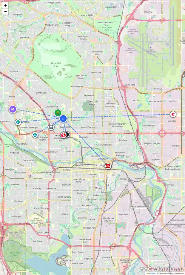 Daily accessibility map for 2737 17A ST NW, Calgary showing nearby schools, grocery stores, parks, LRT stations and nearby amenities