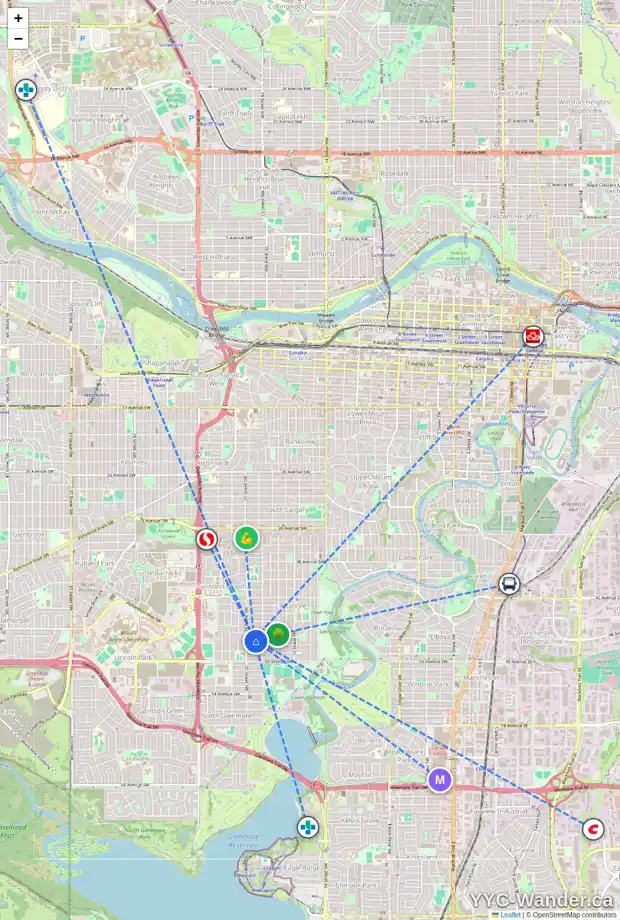 Daily accessibility map for 2027 47 AV SW, Calgary showing nearby schools, grocery stores, parks, LRT stations and nearby amenities