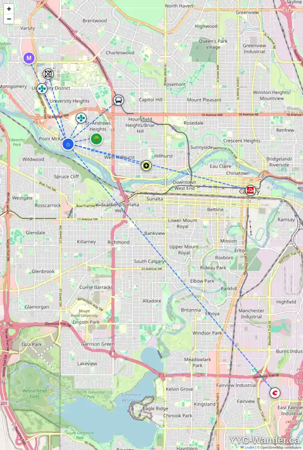 Daily accessibility map for 508 34A ST NW, Calgary showing nearby schools, grocery stores, parks, LRT stations and nearby amenities