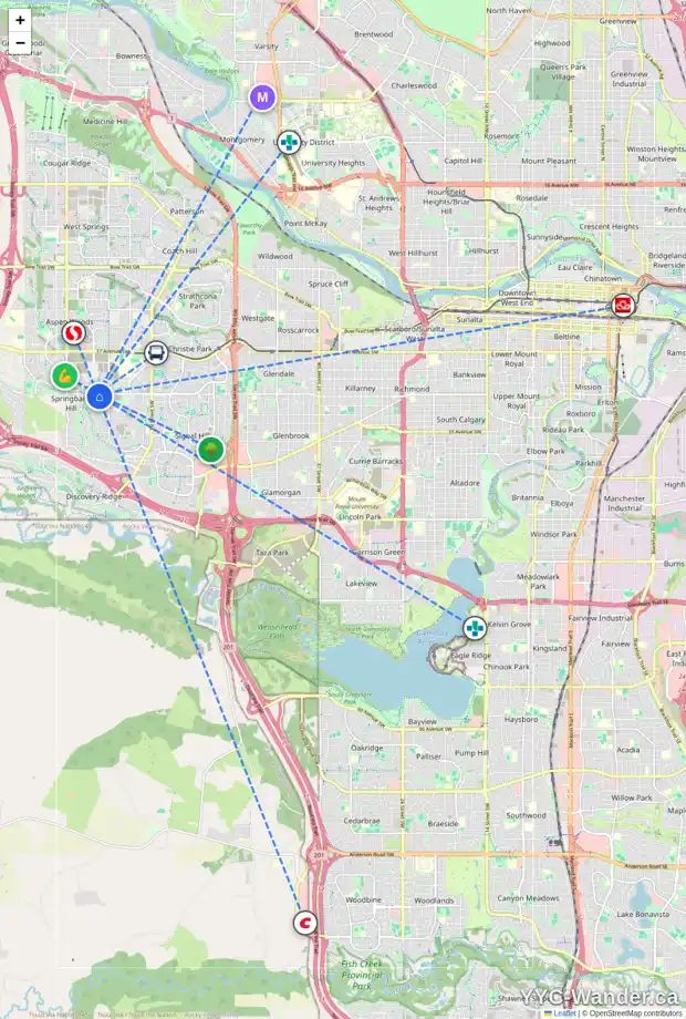 Daily accessibility map for 9 SPRING WILLOW CO SW, Calgary showing nearby schools, grocery stores, parks, LRT stations and nearby amenities