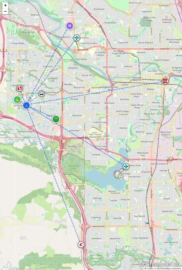 Daily accessibility map for 13 SPRING WILLOW CO SW, Calgary showing nearby schools, grocery stores, parks, LRT stations and nearby amenities