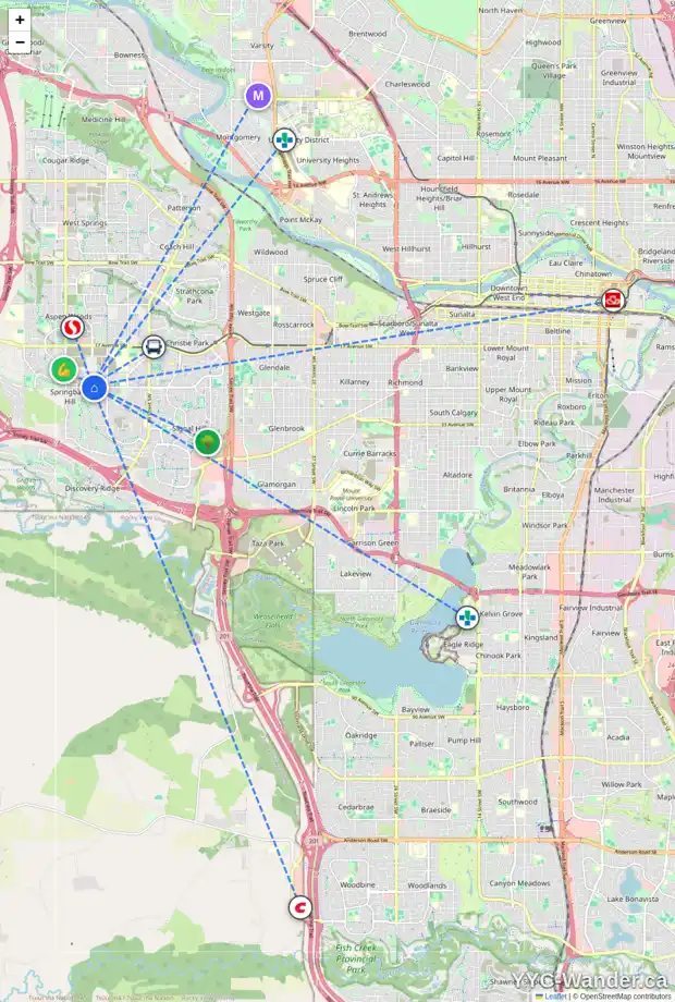 Daily accessibility map for 24 SPRING WILLOW WY SW, Calgary showing nearby schools, grocery stores, parks, LRT stations and nearby amenities