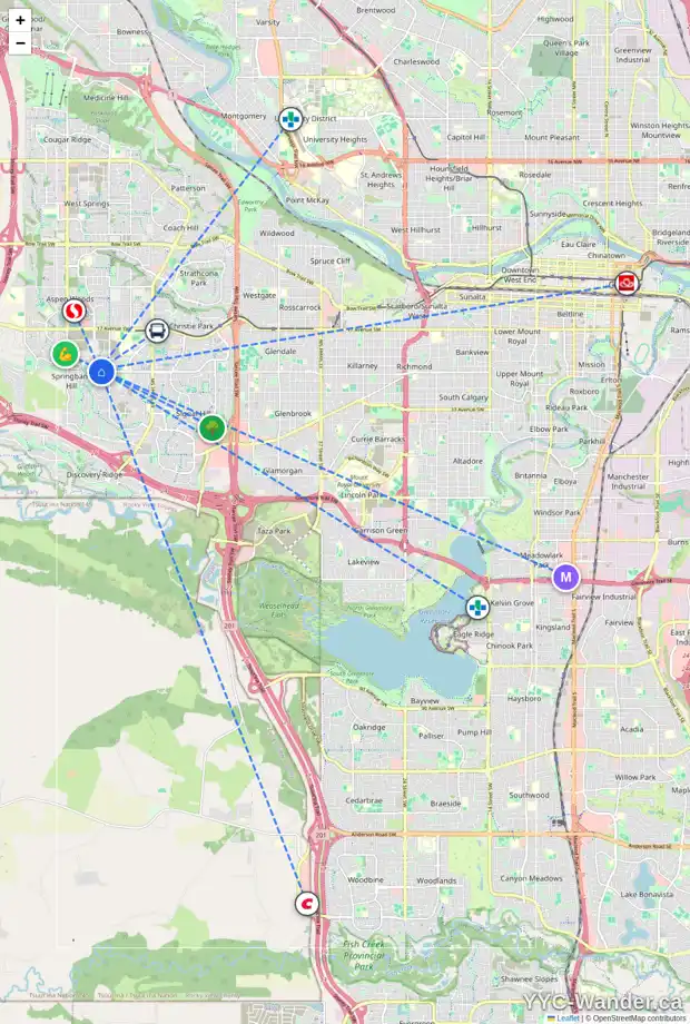 Daily accessibility map for 48 SPRING WILLOW PL SW, Calgary showing nearby schools, grocery stores, parks, LRT stations and nearby amenities