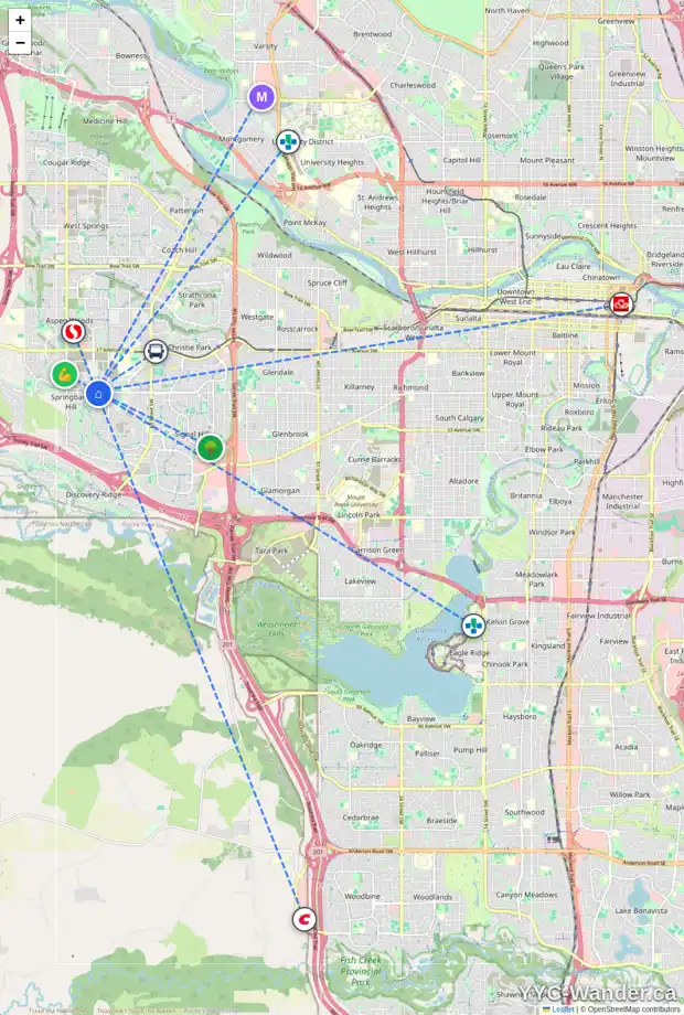 Daily accessibility map for 27 SPRING WILLOW WY SW, Calgary showing nearby schools, grocery stores, parks, LRT stations and nearby amenities