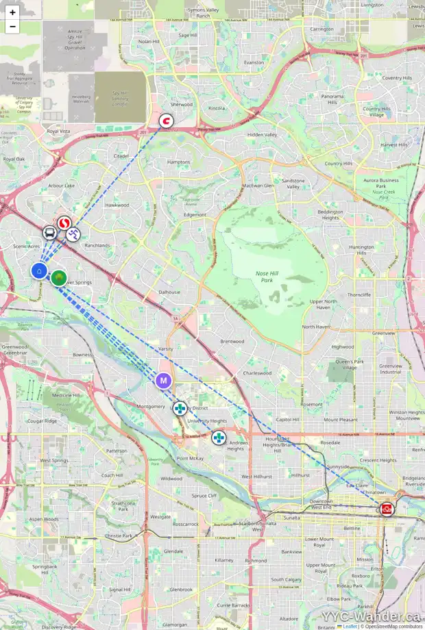 Daily accessibility map for 17 SCENIC GLEN ME NW, Calgary showing nearby schools, grocery stores, parks, LRT stations and nearby amenities