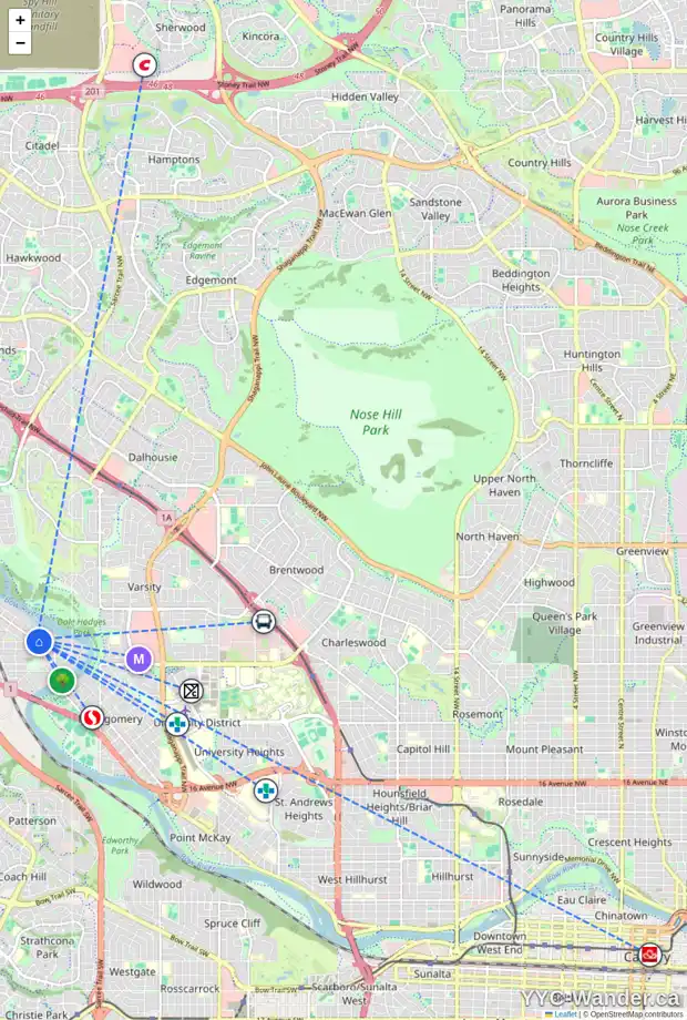 Daily accessibility map for 2 6216 BOWNESS RD NW, Calgary showing nearby schools, grocery stores, parks, LRT stations and nearby amenities