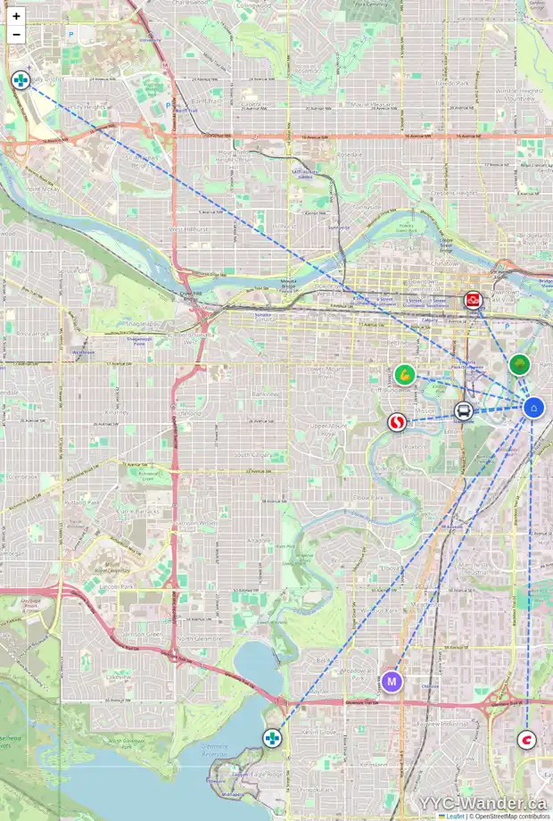 Daily accessibility map for 720B 24 AV SE, Calgary showing nearby schools, grocery stores, parks, LRT stations and nearby amenities