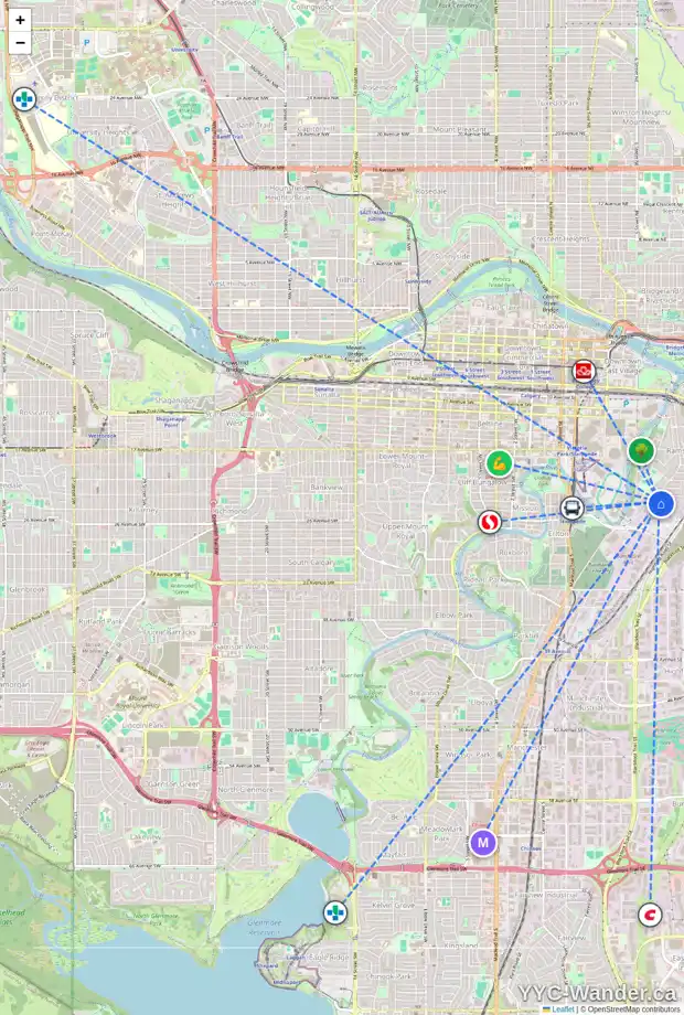 Daily accessibility map for 728 24 AV SE, Calgary showing nearby schools, grocery stores, parks, LRT stations and nearby amenities
