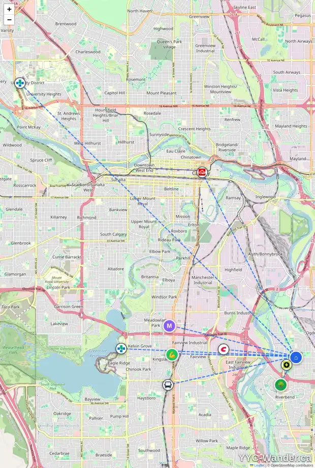 Daily accessibility map for 7204 20A ST SE, Calgary showing nearby schools, grocery stores, parks, LRT stations and nearby amenities