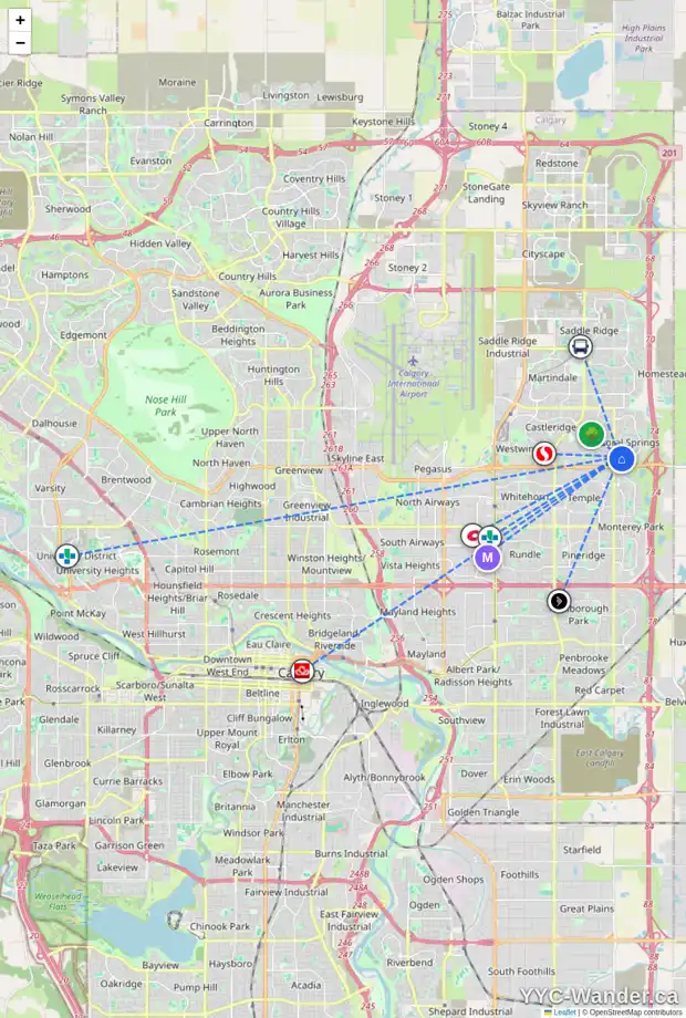 Daily accessibility map for 626 CORAL CV NE, Calgary showing nearby schools, grocery stores, parks, LRT stations and nearby amenities