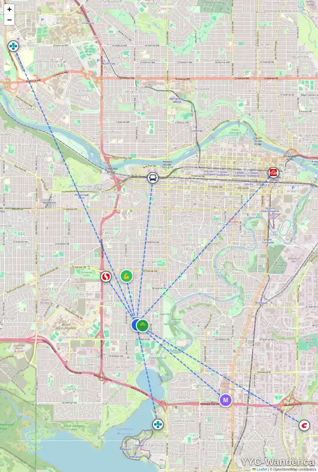 Daily accessibility map for 1941 46 AV SW, Calgary showing nearby schools, grocery stores, parks, LRT stations and nearby amenities