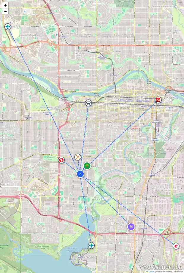 Daily accessibility map for 4113 18 ST SW, Calgary showing nearby schools, grocery stores, parks, LRT stations and nearby amenities