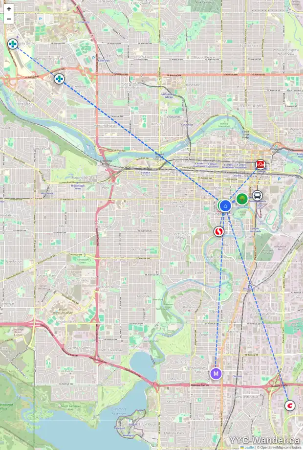 Daily accessibility map for 42 330 19 AV SW, Calgary showing nearby schools, grocery stores, parks, LRT stations and nearby amenities