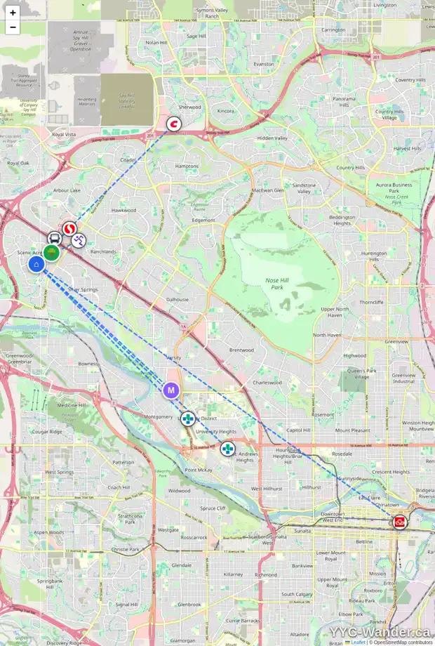 Daily accessibility map for 113 SCENIC PARK PL NW, Calgary showing nearby schools, grocery stores, parks, LRT stations and nearby amenities