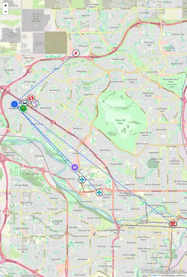 Daily accessibility map for 174 SCANLON HL NW, Calgary showing nearby schools, grocery stores, parks, LRT stations and nearby amenities