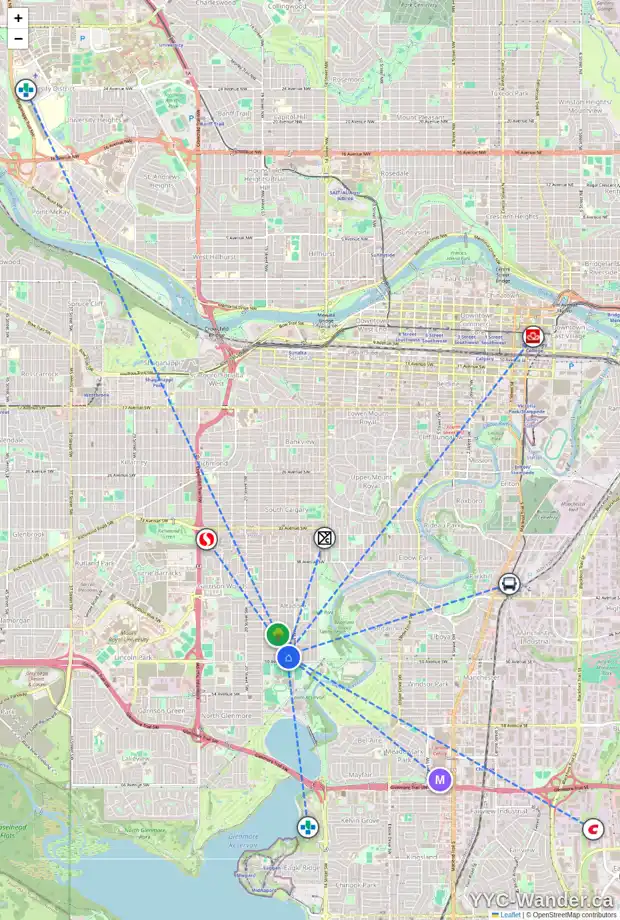 Daily accessibility map for 1723 49 AV SW, Calgary showing nearby schools, grocery stores, parks, LRT stations and nearby amenities