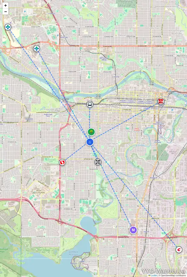 Daily accessibility map for 203 1724 26 AV SW, Calgary showing nearby schools, grocery stores, parks, LRT stations and nearby amenities