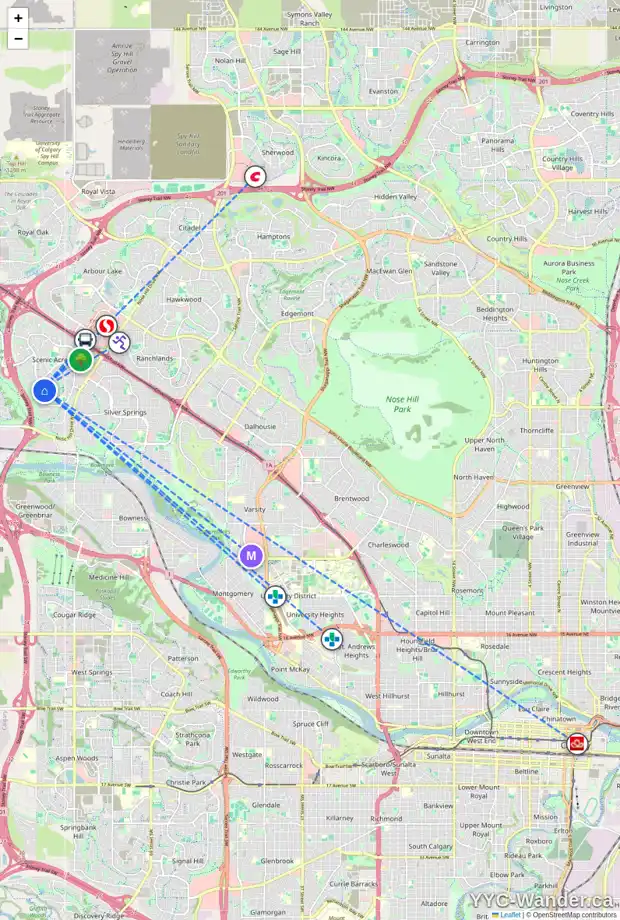 Daily accessibility map for 208 SCANDIA BA NW, Calgary showing nearby schools, grocery stores, parks, LRT stations and nearby amenities
