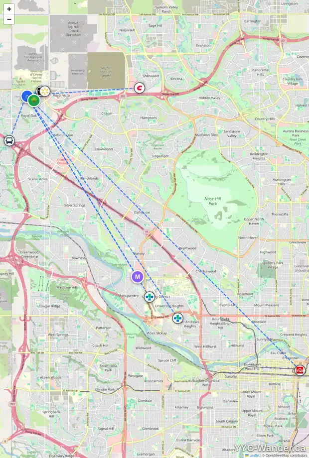 Daily accessibility map for 227 ROYAL OAK CI NW, Calgary showing nearby schools, grocery stores, parks, LRT stations and nearby amenities