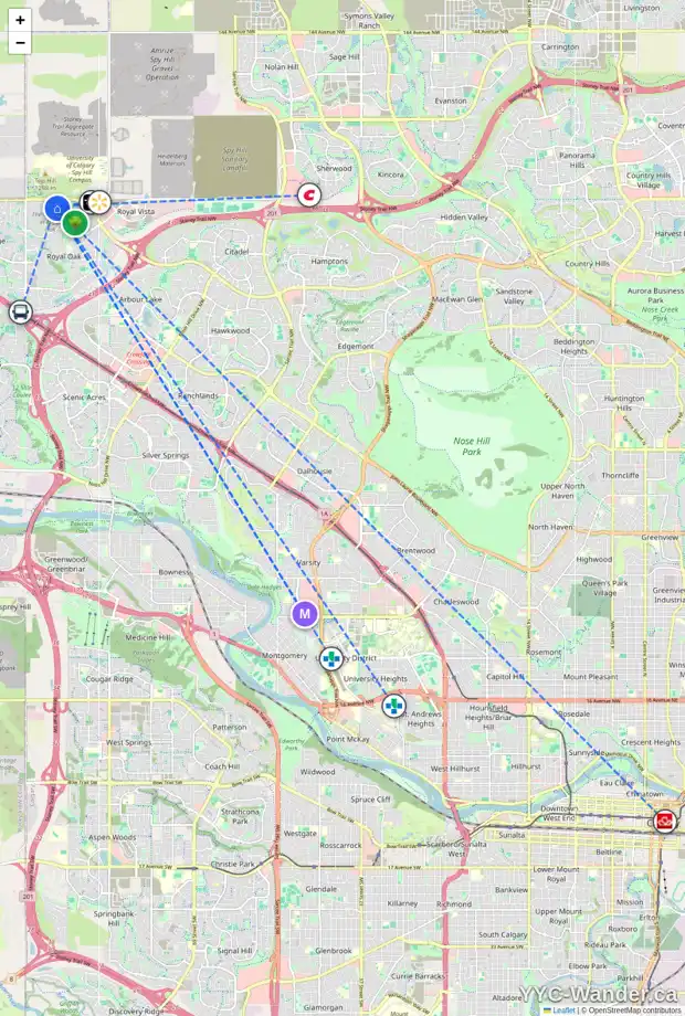 Daily accessibility map for 206 ROYAL OAK BA NW, Calgary showing nearby schools, grocery stores, parks, LRT stations and nearby amenities
