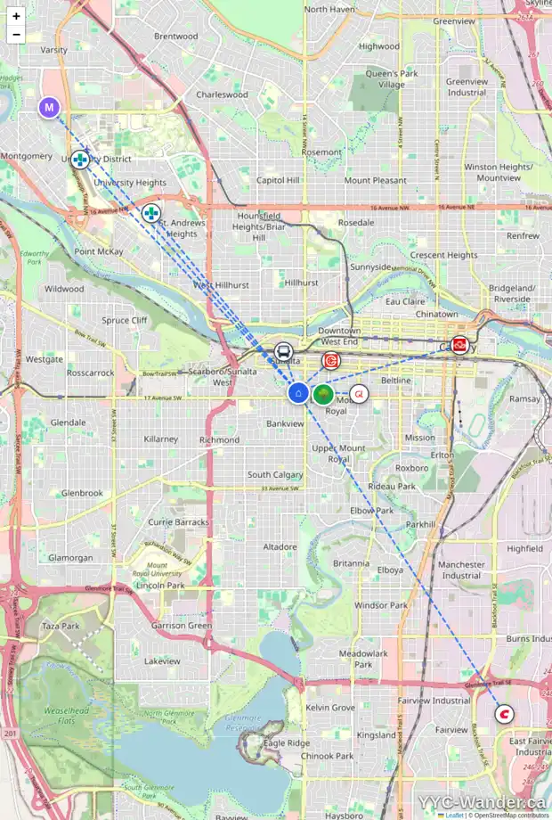 Daily accessibility map for 302 1530 16 AV SW, Calgary showing nearby schools, grocery stores, parks, LRT stations and nearby amenities