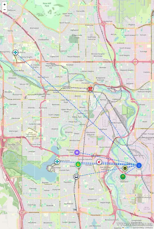 Daily accessibility map for 2718 74 AV SE, Calgary showing nearby schools, grocery stores, parks, LRT stations and nearby amenities