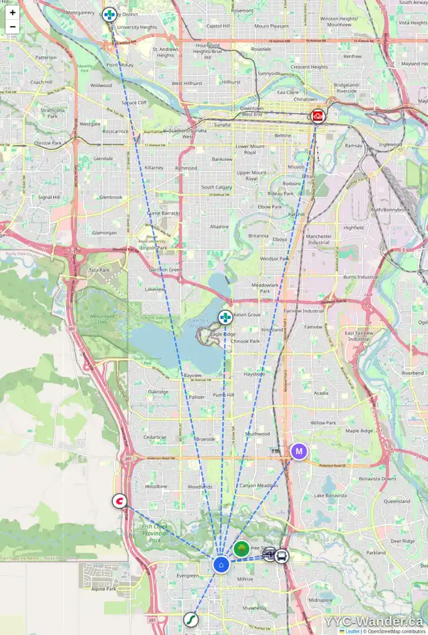 Daily accessibility map for 108 EVERGREEN PZ SW, Calgary showing nearby schools, grocery stores, parks, LRT stations and nearby amenities