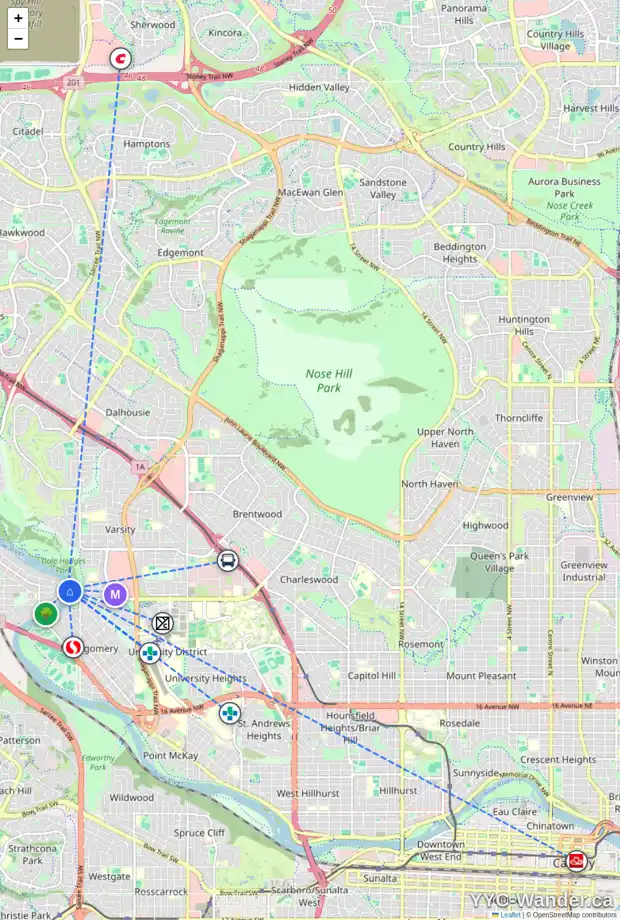 Daily accessibility map for 12 BOWBANK CR NW, Calgary showing nearby schools, grocery stores, parks, LRT stations and nearby amenities