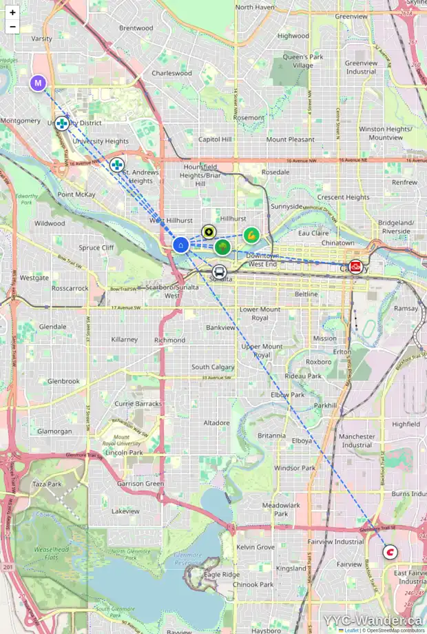 Daily accessibility map for 2234 BROADVIEW RD NW, Calgary showing nearby schools, grocery stores, parks, LRT stations and nearby amenities