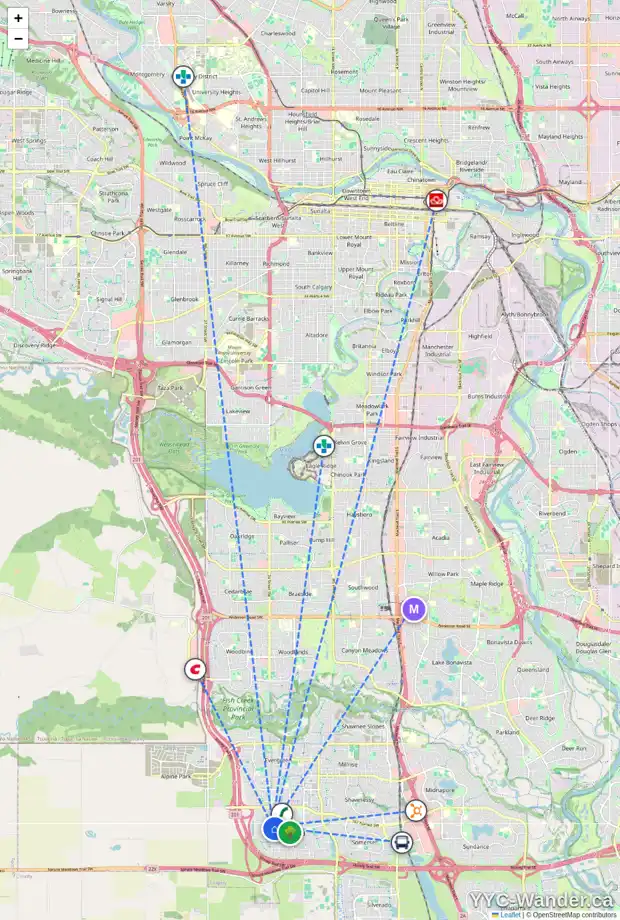 Daily accessibility map for 16730 24 ST SW, Calgary showing nearby schools, grocery stores, parks, LRT stations and nearby amenities