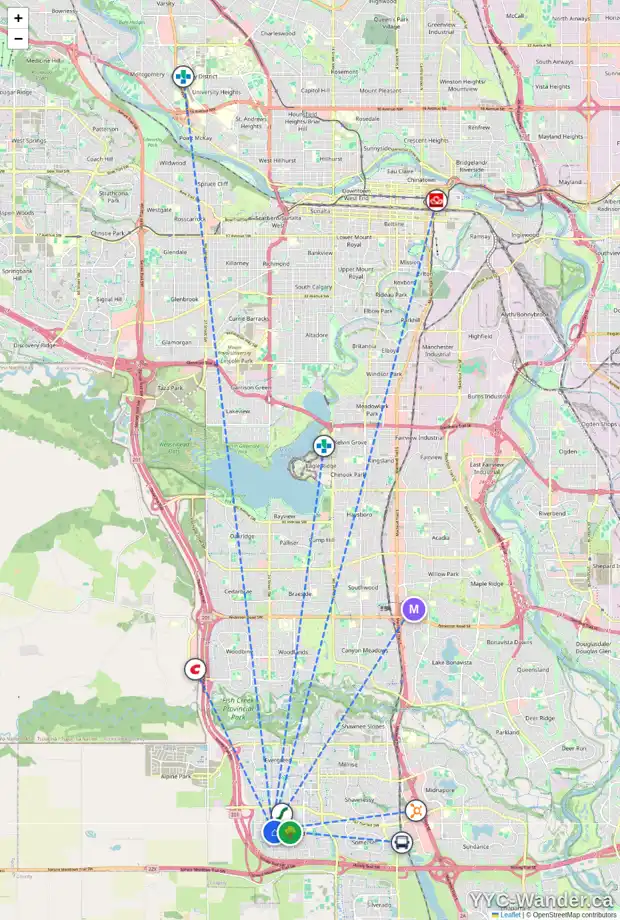 Daily accessibility map for 16762 24 ST SW, Calgary showing nearby schools, grocery stores, parks, LRT stations and nearby amenities