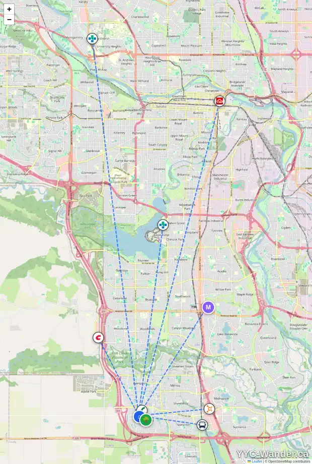 Daily accessibility map for 109 BRIDLERIDGE HT SW, Calgary showing nearby schools, grocery stores, parks, LRT stations and nearby amenities