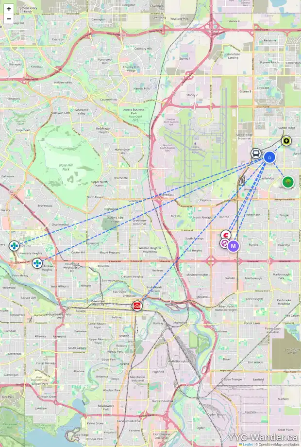 Daily accessibility map for 73 MARTIN CROSSING GR NE, Calgary showing nearby schools, grocery stores, parks, LRT stations and nearby amenities