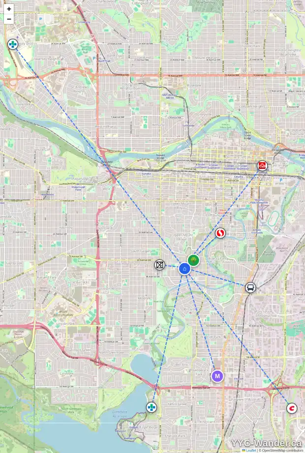 Daily accessibility map for 3628 9 ST SW, Calgary showing nearby schools, grocery stores, parks, LRT stations and nearby amenities