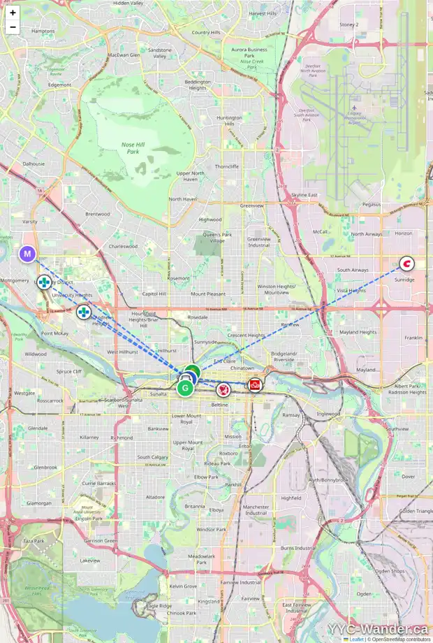 Daily accessibility map for 510 1111 6 AV SW, Calgary showing nearby schools, grocery stores, parks, LRT stations and nearby amenities