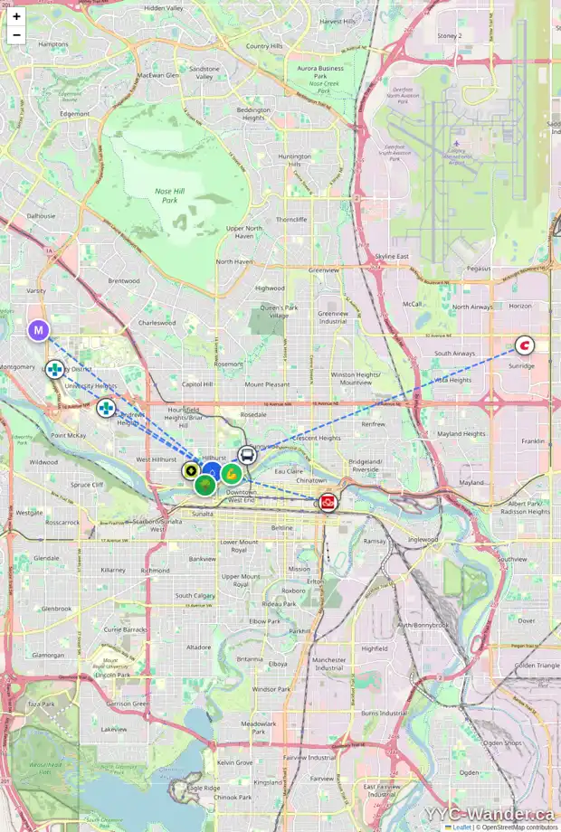 Daily accessibility map for 105 15 ST NW, Calgary showing nearby schools, grocery stores, parks, LRT stations and nearby amenities