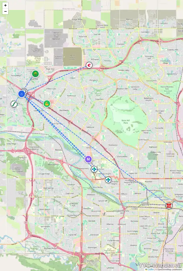 Daily accessibility map for 380 223 TUSCANY SPRINGS BV NW, Calgary showing nearby schools, grocery stores, parks, LRT stations and nearby amenities
