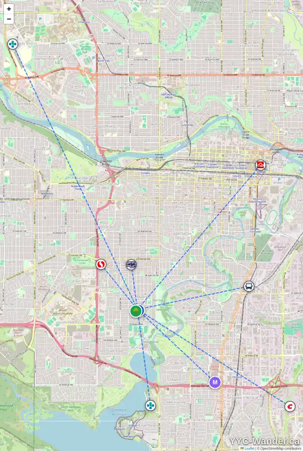 Daily accessibility map for 1741 46 AV SW, Calgary showing nearby schools, grocery stores, parks, LRT stations and nearby amenities