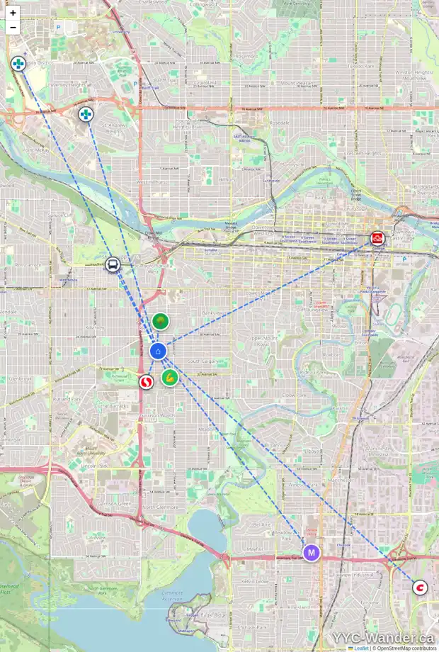 Daily accessibility map for 2234 29 AV SW, Calgary showing nearby schools, grocery stores, parks, LRT stations and nearby amenities