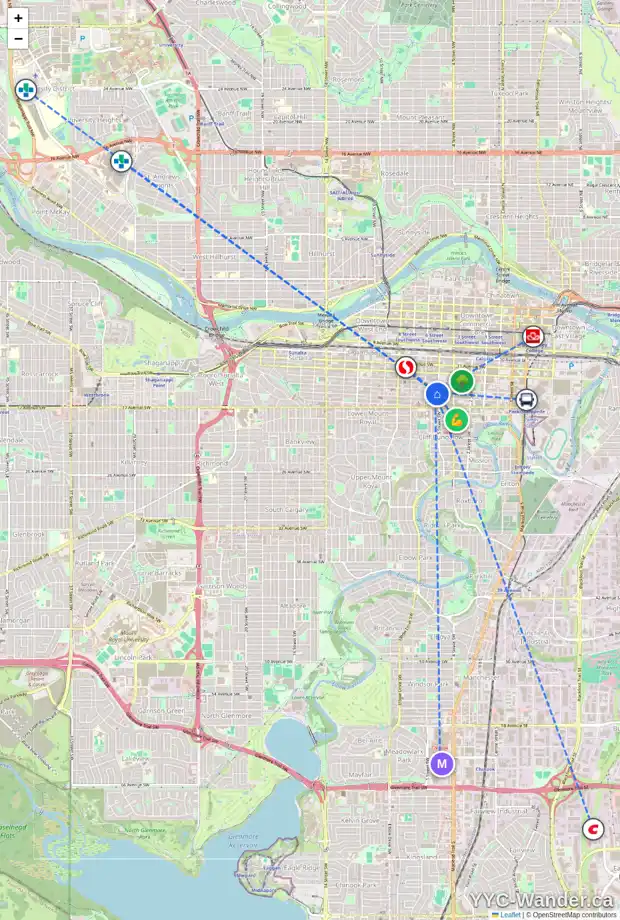Daily accessibility map for 204 605 14 AV SW, Calgary showing nearby schools, grocery stores, parks, LRT stations and nearby amenities